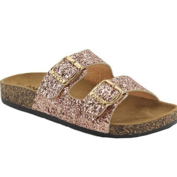 The NEW Boutique Shoes - Rose Gold Glitter Double Strap Buckle Sandals